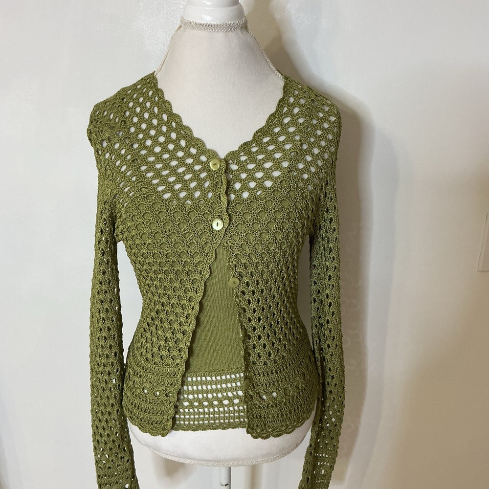 Vintage, Grace knitwear Apple Green Crochet Women Cardigan & Cami Sz Med